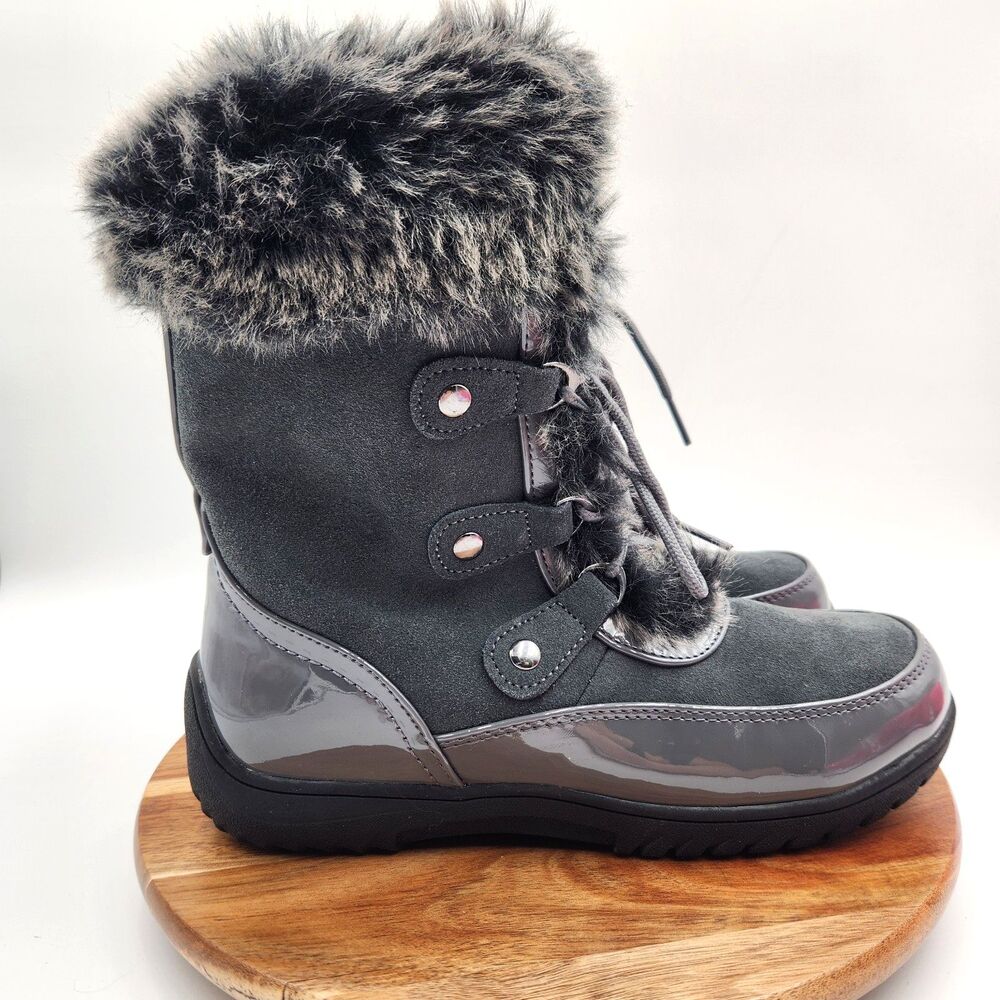 Sporto Minor Snow Boots Women's 8M Gray Suede Lace-up Winter Faux Fur Side Zip